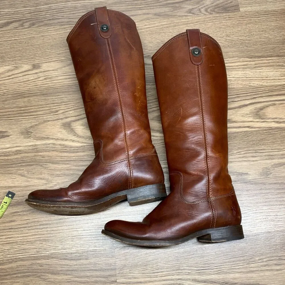 Frye #77167 Melissa Button Brown Tall Leather Riding Biker Womens Boots‎ Size 6B